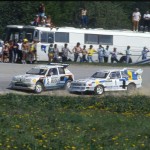 Melk 1987, Seppo Niittymäki is challenged by Olle Arnesson's Quattro S1. © Tim Whittington/RallycrossWorld.com
